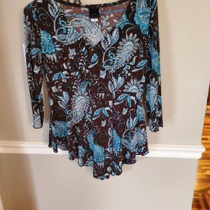 j.t.b. asymetrical tunic v-neck long sleeve top - brown/turquois - size M